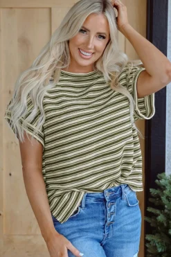 Sale Dear-Lover Textured Side Slits Crew Neck T Shirt Green Stripe