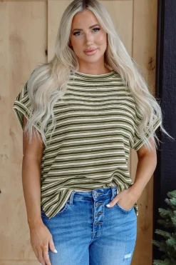 Sale Dear-Lover Textured Side Slits Crew Neck T Shirt Green Stripe