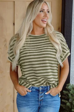 Sale Dear-Lover Textured Side Slits Crew Neck T Shirt Green Stripe