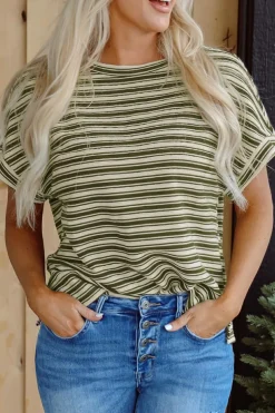 Sale Dear-Lover Textured Side Slits Crew Neck T Shirt Green Stripe
