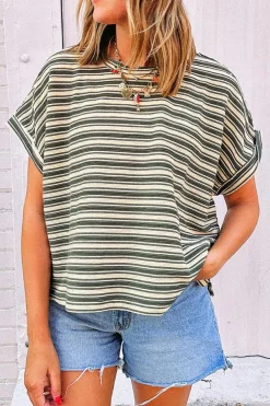 Sale Dear-Lover Textured Side Slits Crew Neck T Shirt Green Stripe
