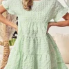 Discount Dear-Lover Textured Tiered Short Sleeve Loose Mini Dress Green Stripe