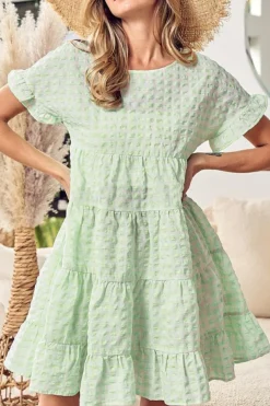 Discount Dear-Lover Textured Tiered Short Sleeve Loose Mini Dress Green Stripe