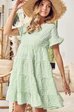 Discount Dear-Lover Textured Tiered Short Sleeve Loose Mini Dress Green Stripe