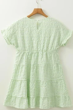 Discount Dear-Lover Textured Tiered Short Sleeve Loose Mini Dress Green Stripe