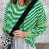 Discount Dear-Lover Turn-Down V Neck Patchwork Loose Top Green Stripe
