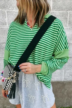 Discount Dear-Lover Turn-Down V Neck Patchwork Loose Top Green Stripe