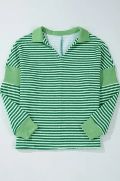 Discount Dear-Lover Turn-Down V Neck Patchwork Loose Top Green Stripe