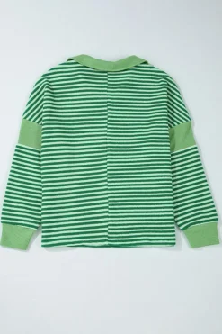 Discount Dear-Lover Turn-Down V Neck Patchwork Loose Top Green Stripe