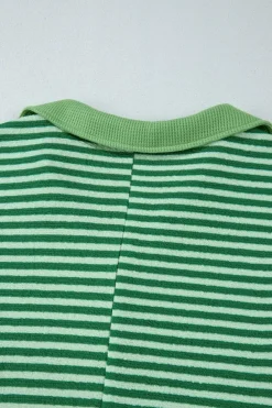 Discount Dear-Lover Turn-Down V Neck Patchwork Loose Top Green Stripe