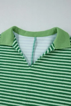 Discount Dear-Lover Turn-Down V Neck Patchwork Loose Top Green Stripe