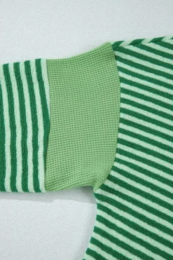 Discount Dear-Lover Turn-Down V Neck Patchwork Loose Top Green Stripe