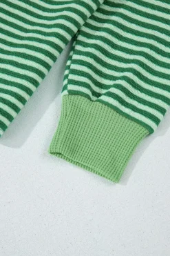 Discount Dear-Lover Turn-Down V Neck Patchwork Loose Top Green Stripe