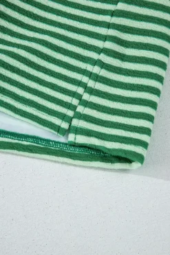 Discount Dear-Lover Turn-Down V Neck Patchwork Loose Top Green Stripe
