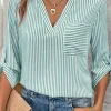 New Dear-Lover V Neck Roll Up Sleeve Pocket Patched Classic Shirt Green Stripe