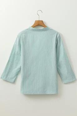 New Dear-Lover V Neck Roll Up Sleeve Pocket Patched Classic Shirt Green Stripe