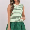 Discount Dear-Lover Woven Ruffled Sleeveless Mini Dress Green Stripe