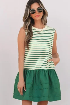 Discount Dear-Lover Woven Ruffled Sleeveless Mini Dress Green Stripe