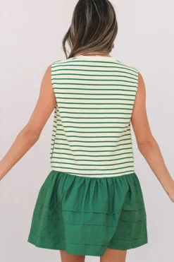 Discount Dear-Lover Woven Ruffled Sleeveless Mini Dress Green Stripe