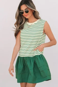 Discount Dear-Lover Woven Ruffled Sleeveless Mini Dress Green Stripe