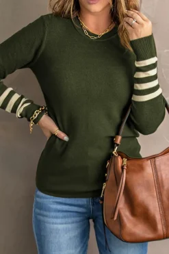 Discount Dear-Lover Striped Sleeve Plain Knit Sweater Green