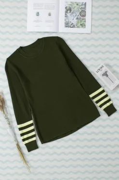 Discount Dear-Lover Striped Sleeve Plain Knit Sweater Green
