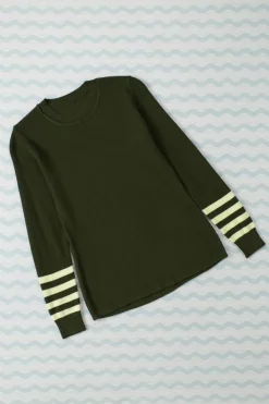 Discount Dear-Lover Striped Sleeve Plain Knit Sweater Green