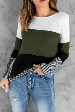Discount Dear-Lover Stylish Colorblock Splicing Stripes Top Green