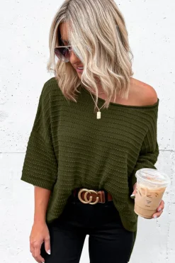 Discount Dear-Lover Textured Knit Drop Shoulder Short Sleeve Sweater Green