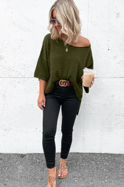 Discount Dear-Lover Textured Knit Drop Shoulder Short Sleeve Sweater Green