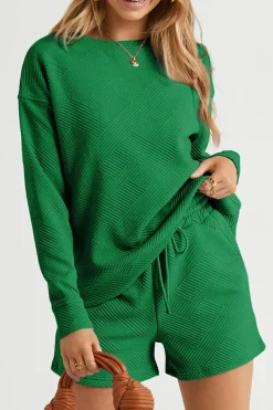 Best Dear-Lover Textured Long Sleeve Top and Drawstring Shorts Set Green