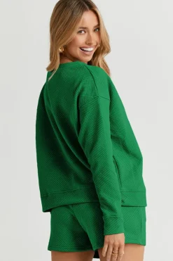 Best Dear-Lover Textured Long Sleeve Top and Drawstring Shorts Set Green