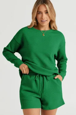 Best Dear-Lover Textured Long Sleeve Top and Drawstring Shorts Set Green