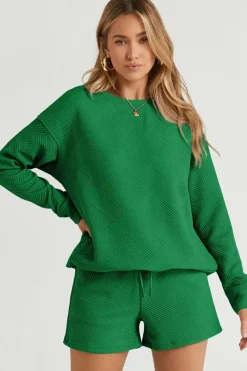 Best Dear-Lover Textured Long Sleeve Top and Drawstring Shorts Set Green
