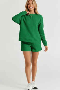 Best Dear-Lover Textured Long Sleeve Top and Drawstring Shorts Set Green