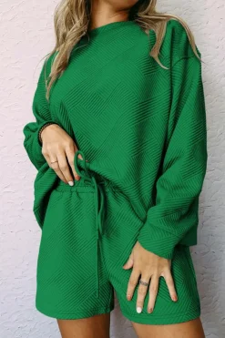 Best Dear-Lover Textured Long Sleeve Top and Drawstring Shorts Set Green