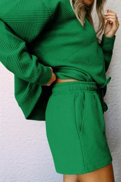 Best Dear-Lover Textured Long Sleeve Top and Drawstring Shorts Set Green