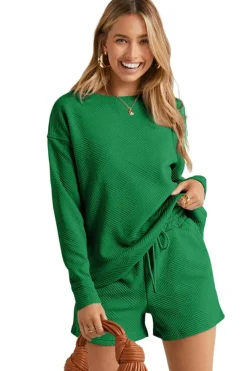 Best Dear-Lover Textured Long Sleeve Top and Drawstring Shorts Set Green