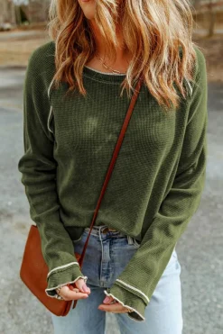 Clearance Dear-Lover Green Textured Round Neck Long Sleeve Top Jungle Green