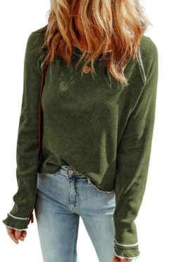 Clearance Dear-Lover Green Textured Round Neck Long Sleeve Top Jungle Green