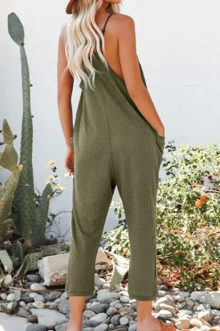 Discount Dear-Lover Textured Sleeveless V-Neck Pocketed Casual Jumpsuit Green