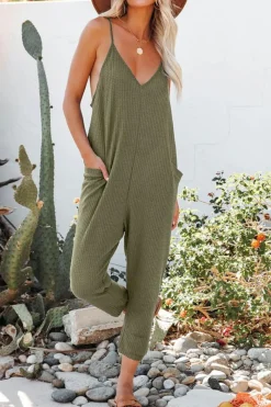 Discount Dear-Lover Textured Sleeveless V-Neck Pocketed Casual Jumpsuit Green