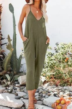 Discount Dear-Lover Textured Sleeveless V-Neck Pocketed Casual Jumpsuit Green