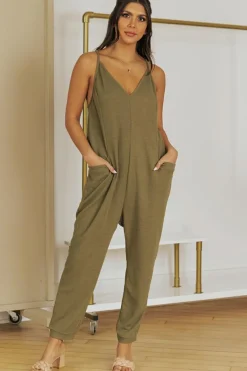 Discount Dear-Lover Textured Sleeveless V-Neck Pocketed Casual Jumpsuit Green