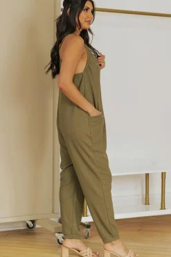 Discount Dear-Lover Textured Sleeveless V-Neck Pocketed Casual Jumpsuit Green