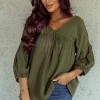 Fashion Dear-Lover Textured V Neck Bracelet Sleeve Babydoll Blouse Green