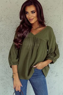 Fashion Dear-Lover Textured V Neck Bracelet Sleeve Babydoll Blouse Green