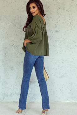 Fashion Dear-Lover Textured V Neck Bracelet Sleeve Babydoll Blouse Green