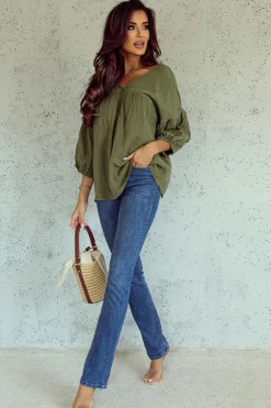 Fashion Dear-Lover Textured V Neck Bracelet Sleeve Babydoll Blouse Green