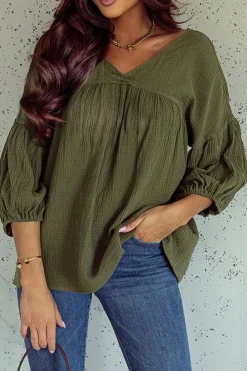 Fashion Dear-Lover Textured V Neck Bracelet Sleeve Babydoll Blouse Green
